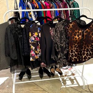 Black king and short sleeve blouses with and without prints.